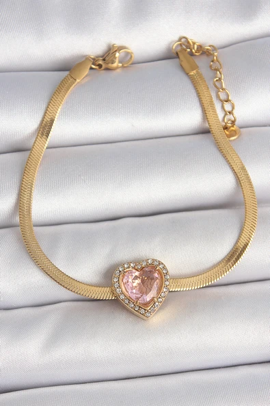 316L Çelik Gold Renk İtalyan Zincir Pembe Zirkon Taşlı Kalp Model Kadın Bileklik 5886 ürün görseli 1