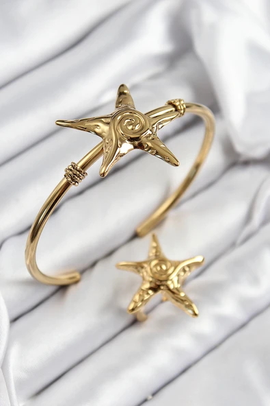 Pirinç Deniz Yıldızı Model Gold Renk Bileklik Yüzük Set 5886 ürün görseli 1