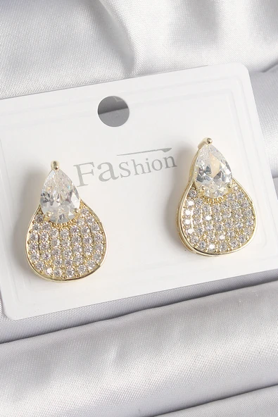 Pirinç Gold Renk Zirkon Taşlı Damla Model Kadın Küpe 5886 ürün görseli 1