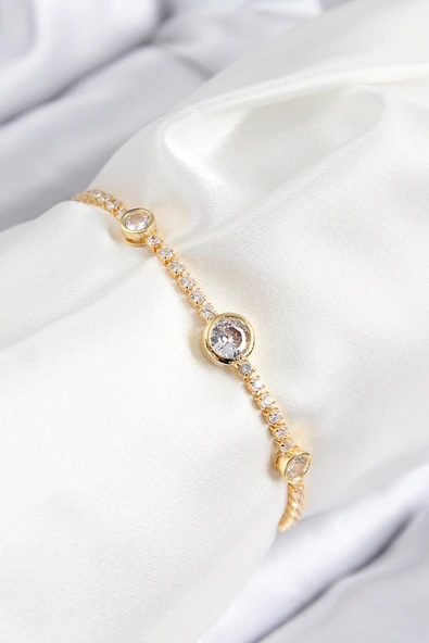 Pirinç Zirkon Taşlı Daire Model Gold Renk Asansörlü Kadın Bileklik 5886 ürün görseli 1