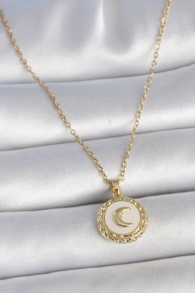 316L Çelik Gold Renk Zincir Beyaz Mineli Hilal İşlemeli Madalyon Model Kadın Kolye 5886 ürün görseli 1