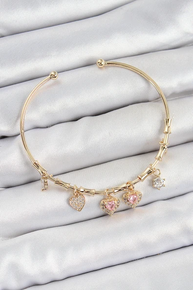 Pirinç Zirkon Taşlı Pembe Kalp Model Gold Renk Charm Bileklik 5886 ürün görseli 1