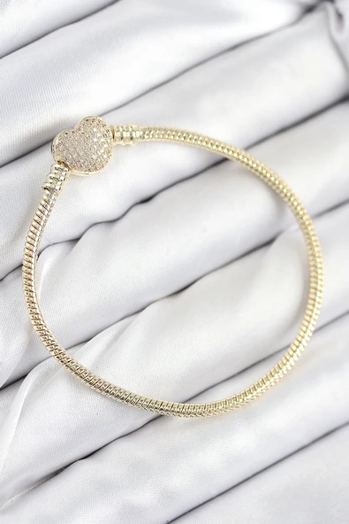 Pirinç Charm Zirkon Taşlı Kalp Model Gold Renk Kadın Bileklik 5886 ürün görseli 1