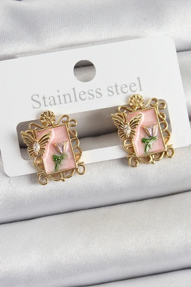 Pirinç Pembe Mineli Sanatsal Portre Model Gold Renk Kadın Küpe 5886 ürün görseli 1