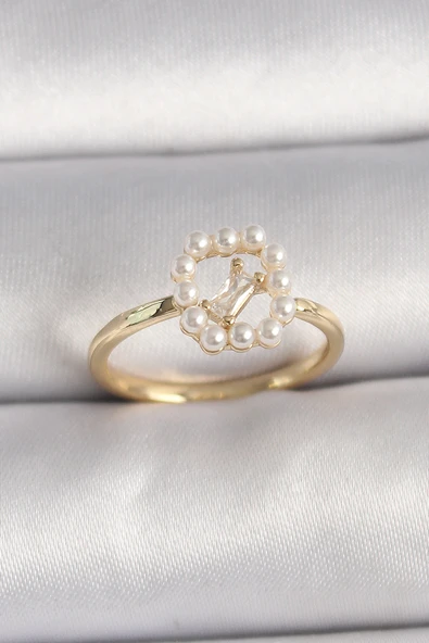 Pirinç Gold Renk Zirkon Taş Detaylı İncili Ayarlanabilir Yüzük 5886 ürün görseli 1