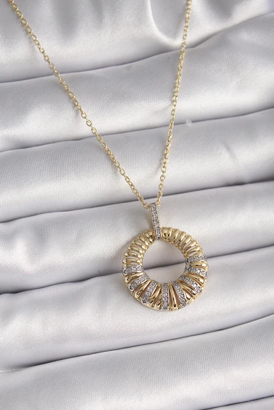 316L Çelik Gold Renk Zincir Gümüş Zirkon Taşlı Daire Model Kadın Kolye 5886 ürün görseli 1