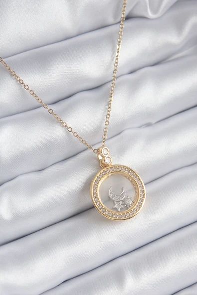 316L Çelik Gold Renk Zirkon Taş Detay Ay Yıldız Fanus Model Kadın Kolye 5886 ürün görseli 1
