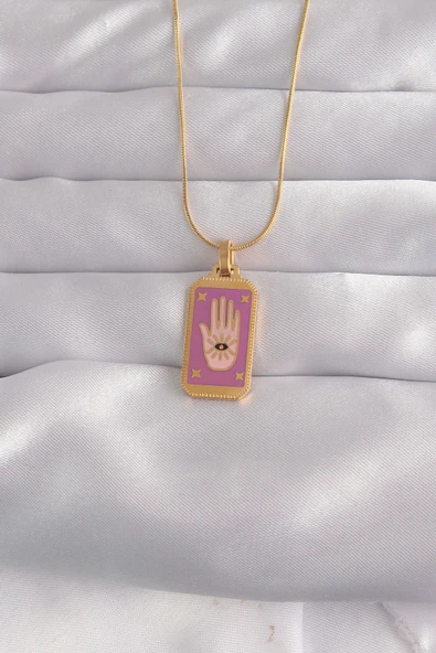 316L Çelik Gold Renk Mor Mineli El Figür Tarot Kolye 5886 ürün görseli 1