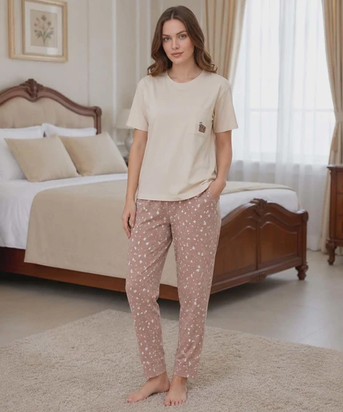 Mihra Kadın Compakt Penye Bisiklet Yaka Kısa Kol İnce Pijama Takımı 90791K - 1 Adet  S - M Kahverengi ürün görseli 1