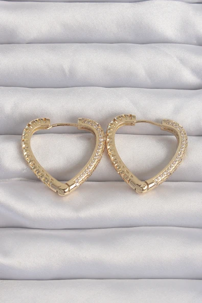 Pirinç Gold Renk Zirkon Taşlı Motifli Kalp Küpe 5886 ürün görseli 1