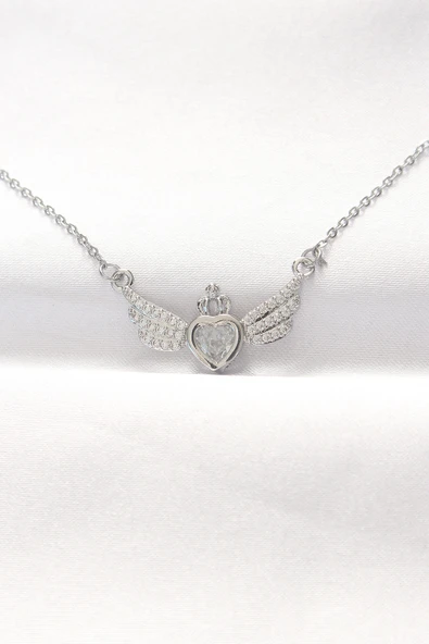 316L Çelik Silver Renk Zirkon Taşlı Kalpli Kanat Kolye 5886 ürün görseli 1
