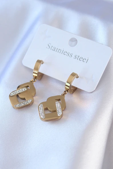 316L Çelik Gold Renk Zirkon Taşlı Kadın Küpe 5886 ürün görseli 1