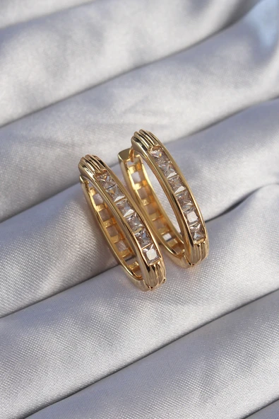 Pirinç Gold Renk Zirkon Taşlı Oval Model Küpe 5886 ürün görseli 1