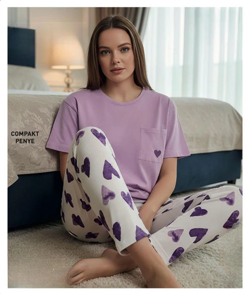 Mihra Kadın Compakt Penye Bisiklet Yaka Kısa Kol İnce Pijama Takımı 90791L - 1 Adet  XL Lila ürün görseli 1