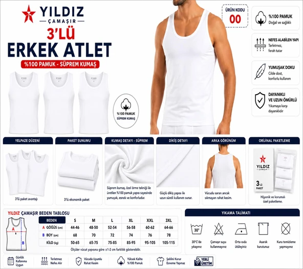 Yıldız Çamaşır Erkek Süprem Askılı Atlet (00-135-136) - 3 Adet  Beyaz 3XL ürün görseli 1