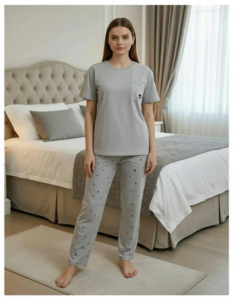 Mihra Kadın Compakt Penye Bisiklet Yaka Kısa Kol İnce Pijama Takımı 90791GK - 1 Adet  Gri 2XL ürün görseli 1
