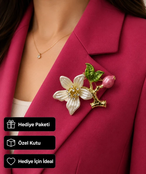 Hediye Beyaz Çiçek Figürlü Zirkon Taş Detaylı Kadın Broşu ürün görseli 1