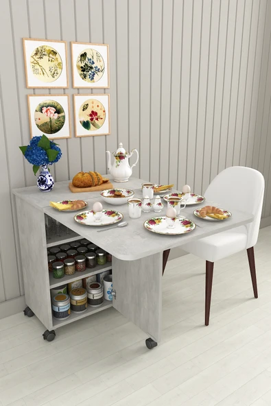 Lüks Katlanır Mutfak Adası Bar %100 MDF Çok Amaçlı Yemek Masası Kahve Köşesi Erzak Dolabı MA01  RETRO TAŞ ürün görseli 1