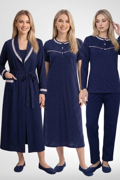 Mecit 6393 Lacivert Pamuklu Kadın Sabahlık Pijama Gecelik Seti ürün görseli 1