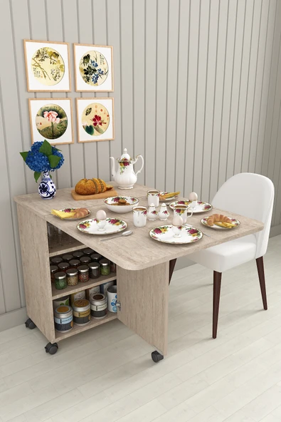 Lüks Katlanır Mutfak Adası Bar %100 MDF Çok Amaçlı Yemek Masası Kahve Köşesi Erzak Dolabı MA01  SİDON ürün görseli 1