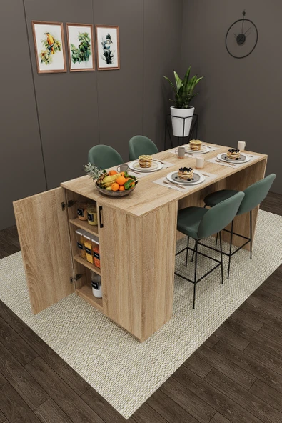 Lüks Mutfak Adası %100 MDF Çok Amaçlı Bar Yemek Masası Kahve Köşesi Erzak Dolabı MA04  SONOMA ürün görseli 1