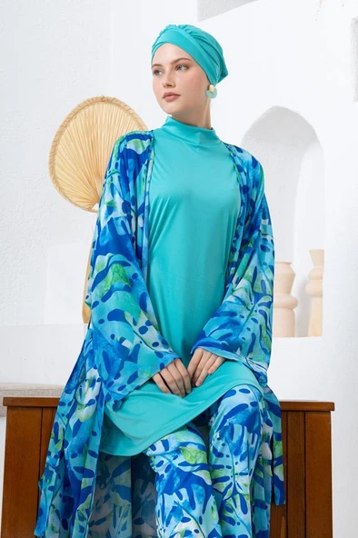 Rozamay 263116 Carol  Lycra Uzun Kollu Mavi Pareolu  Dijital Desen Tesettür Mayo ürün görseli 1
