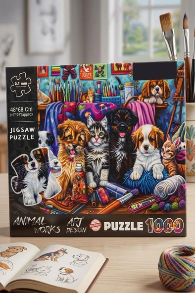 1000 Parçalı Animal Works Evcil Hayvan Temalı Puzzle 48x68cm Eğitici Çocuk Yapboz ürün görseli 1