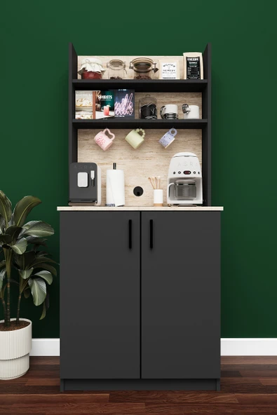 Modern Kahve Köşesi Dolabı %100 MDF Çok Amaçlı Erzak Depolama Dolabı KAHVE01  ANTRASİT - SİDON ürün görseli 1