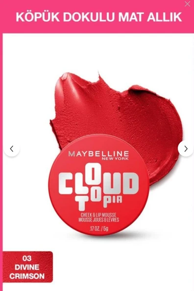 Maybelline New York Cloudtopia Köpük Dokulu Mat Allık & Ruj 03 Divine Crimson ürün görseli 1