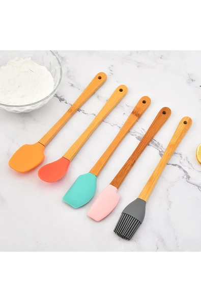 FETHİYE TOPTAN 5'li Renkli Bambu Saplı Silikon Uçlu Spatula Fırçalı Kaşık Seti Bambu Saplı Mutfak Seti ürün görseli 1