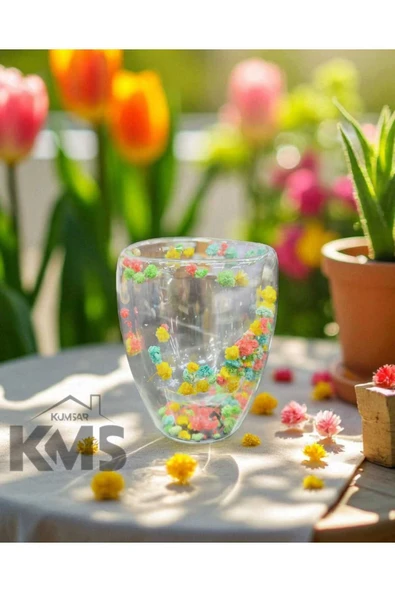 kmskumsar Isıya Dayanıklı 2'Lİ Borosilikat Çift Cidarlı Çiçekli Bardak Ve Kahve Sunum Bardağı /Flower Cup ürün görseli 1