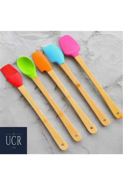 UCR HOME Bambu Saplı Silikon Fırça Kazıyıcı Spatula Kesici Kaşık, Silikon Spatula Seti 5 li 21 cm ürün görseli 1