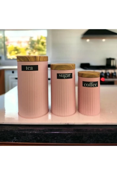 kmskumsar Bambu Görünümlü Kapak Ve 3'lü Pembe Metal Kavanoz Seti ürün görseli 1