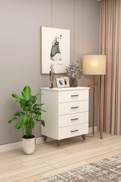 Lüks 4 Çekmeceli Şifonyer Komodin %100 MDF Çok Amaçlı Düzenleyici ŞF-01  BEYAZ ürün görseli 1