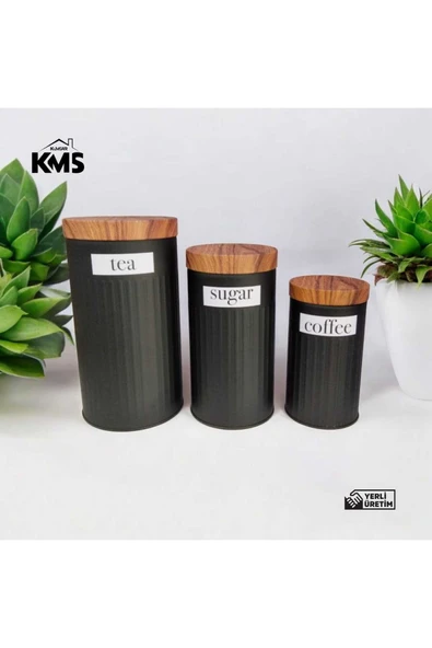 kmskumsar Ahşap görünümlü kapak 3'lü çay şeker kahve saklama kabı ürün görseli 1