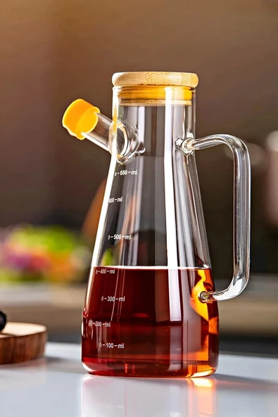 Kitchen Queen Home Bambu Kapaklı Cam Yağdanlık Vakumlu Borosilikat Cam Sirkelik Zeytinyağı Şişesi Yağlık 900 ml. ürün görseli 1