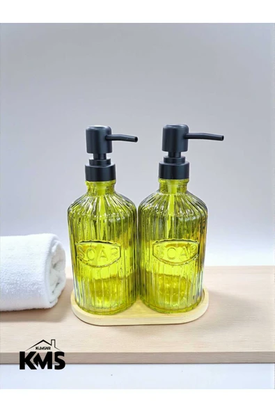 kmskumsar Bambu Standlı 2'li Cam Sıvı sabunluk 500 ml (Luster Cam) ürün görseli 1
