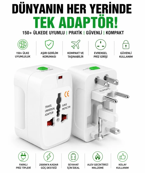 Universal Seyahat Adaptörü  150 Ülke Uyumlu, Aşırı Gerilim Korumalı, Kompakt ve Güvenli Priz Dönüştürücü ürün görseli 1