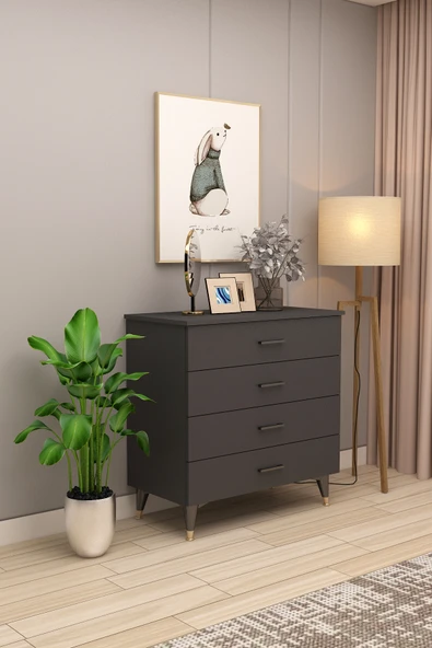 Lüks 4 Çekmeceli Şifonyer Komodin %100 MDF Çok Amaçlı Düzenleyici ŞF-02  ANTRASİT ürün görseli 1