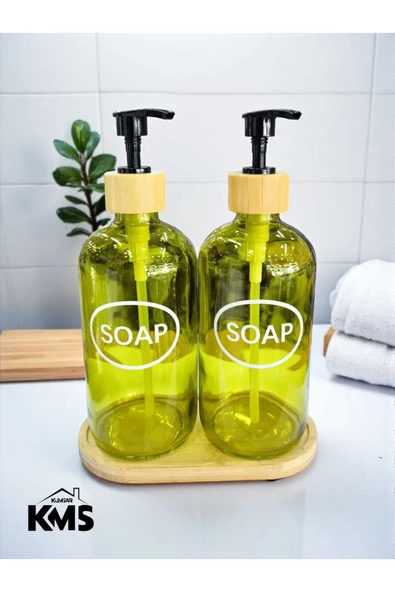 kmskumsar Bambu Standlı 2'li Cam Sıvı sabunluk 500 ml (Luster Cam) ürün görseli 1