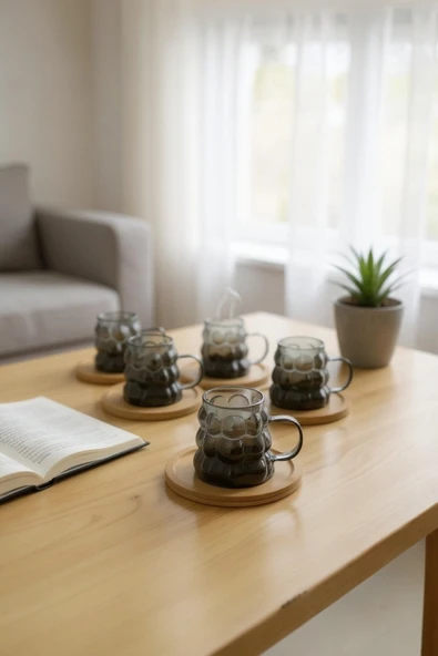 UCR HOME Kulplu Kahve Yanı Mini Üzüm Boncuk Bardak Sunum Bardağı ve Ahşap Altlık 6 lı Set 90 ml ürün görseli 1