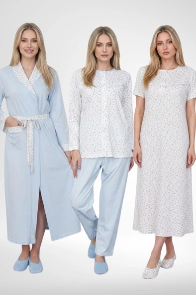 Mecit 6387 Mavi Büyük Beden Kadın Sabahlık Gecelik Pijama Takımı ürün görseli 1