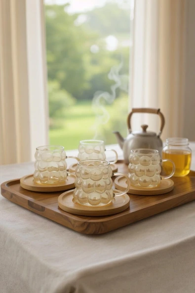 UCR HOME Kulplu Kahve Yanı Mini Üzüm Boncuk Bardak Sunum Bardağı ve Ahşap Altlık 6 lı Set 90 ml ürün görseli 1