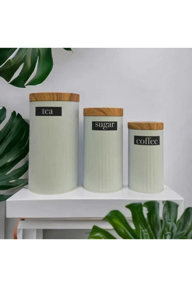 MİHMAN HOME 3'lü Metal Kavanoz Set Sugar-tea-coffee Beyaz ürün görseli 1