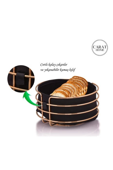 Carat Home Paslanmaz Metal Gold Şeritli Siyah Kumaş Yuvarlak Ekmeklik Ekmek Sepeti ürün görseli 1