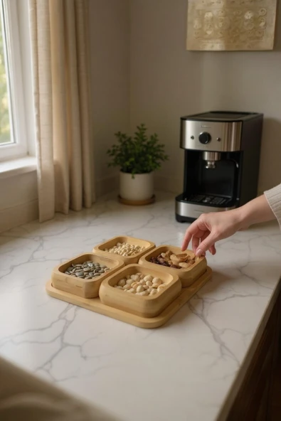 UCR HOME Doğal Bambu Standlı 4lü Kare Kase Çerezlik Seti Sunum Tepsili Kahvaltılık ürün görseli 1