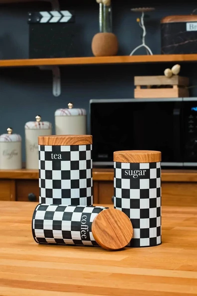 UCR HOME 3'Lü Set Metal Çay Kahve Şeker Saklama Kavanozu - Dama Desenli ürün görseli 1