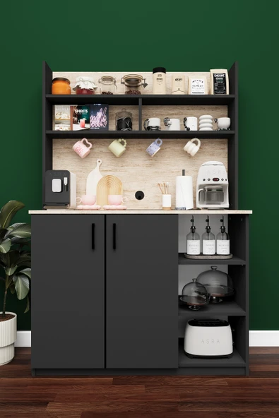 Modern Kahve Köşesi Dolabı %100 MDF Çok Amaçlı Erzak Depolama Dolabı KAHVE02  ANTRASİT - SİDON ürün görseli 1