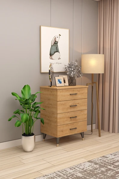 Lüks 4 Çekmeceli Şifonyer Komodin %100 MDF Çok Amaçlı Düzenleyici ŞF-01  SAFİR MEŞE ürün görseli 1