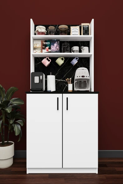 Modern Kahve Köşesi Dolabı %100 MDF Çok Amaçlı Erzak Depolama Dolabı KAHVE01  BEYAZ - ROYAL MERMER ürün görseli 1